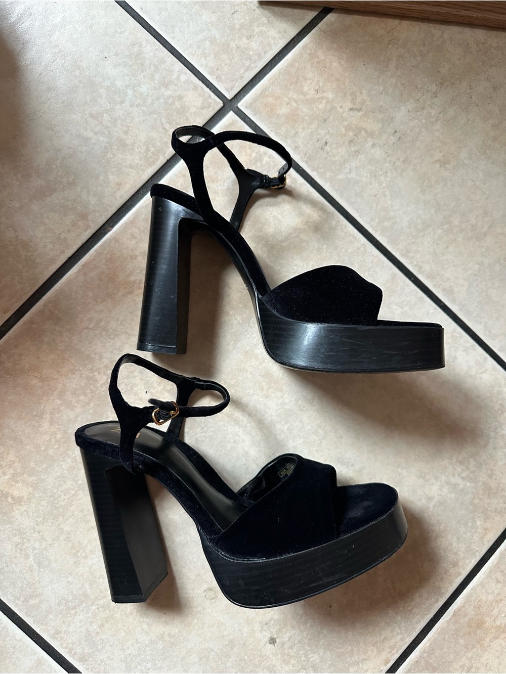 Zara Black Velvet Platform Block Heel Sandals